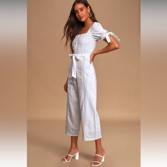 Charlie Holiday Cleo White Button-Front Puff Sleeve Culotte Jumpsuit XS - Picture 2 of 8